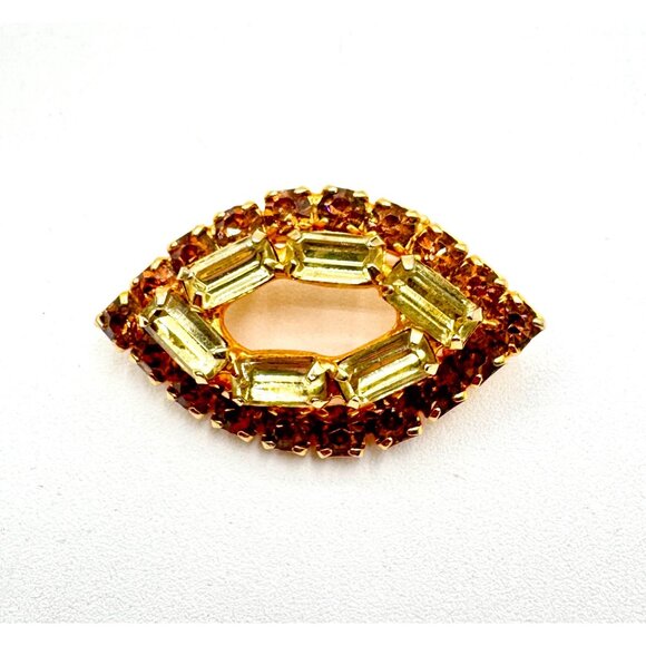 Vintage Gold Tone Brooch Pin With Orange And Yellow Rhinestones - Picture 1 of 4